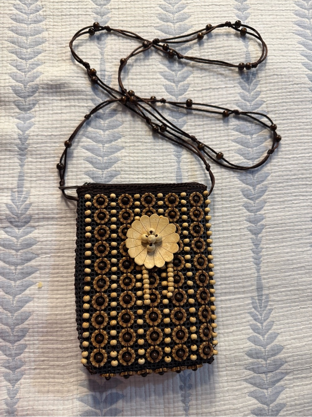 Beaded Floral Accent Crossbody Bag in Black and Natural